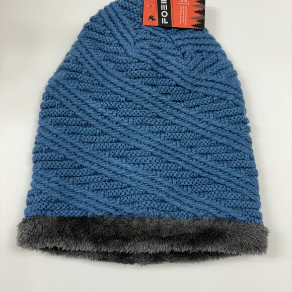Hat - Slouchy Oversized Baggy  Winter Beanie Hat- Blue W/Gray Fur - Unisex - NWT - Picture 8 of 9